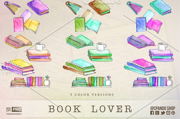 Book lover watercolor clipart in Illustrations - product preview 2
