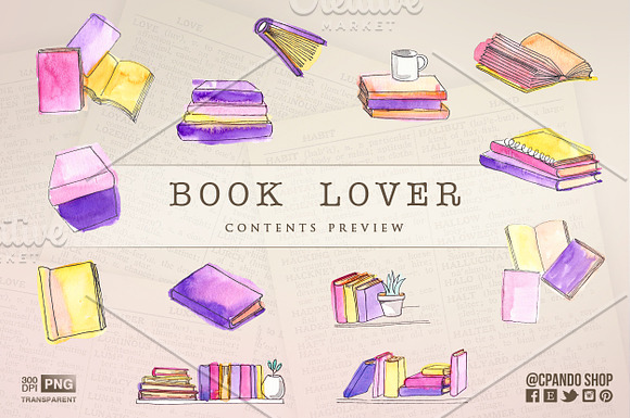 Book lover watercolor clipart in Illustrations - product preview 3