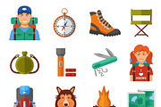Hiking flat color isolated icons set