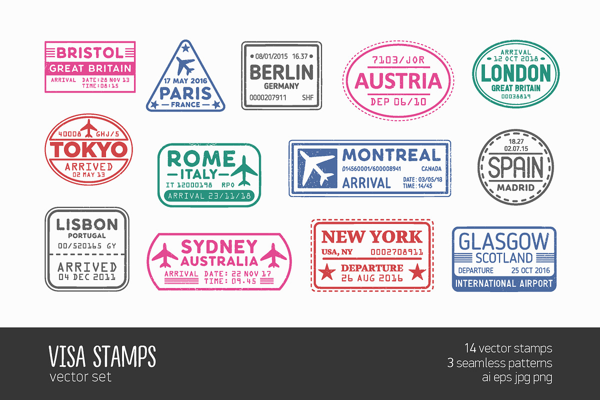 Visa stamps set and seamless in Objects - product preview 8