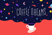 Coffee cup with universe dreams and