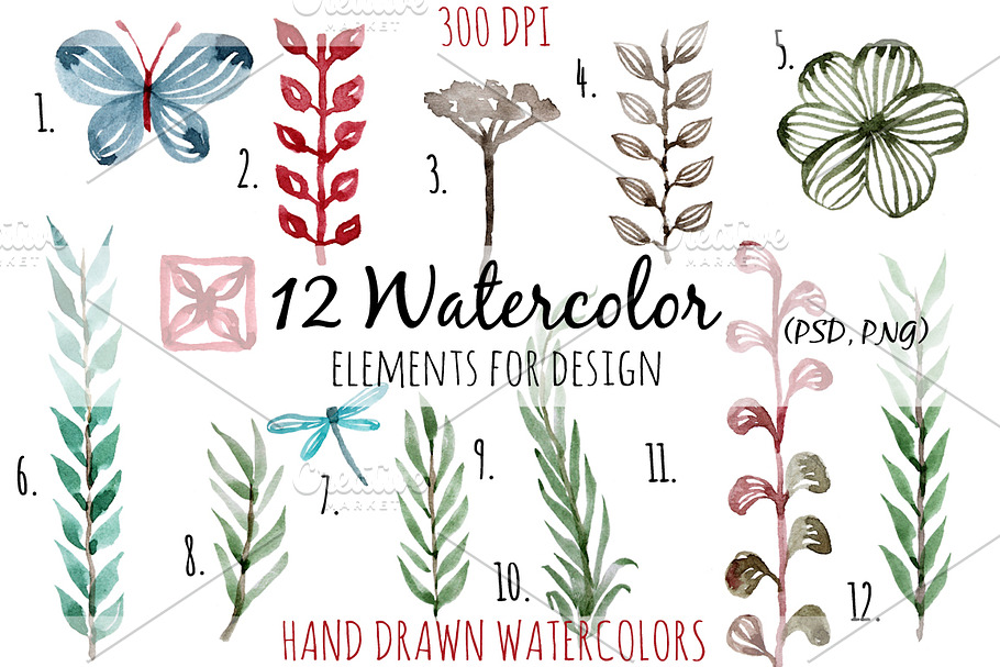 12 Watercolor elements for design