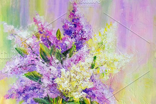 Lilac bouquet in a vase. Oil