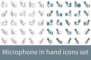 Microphone in hand icons set