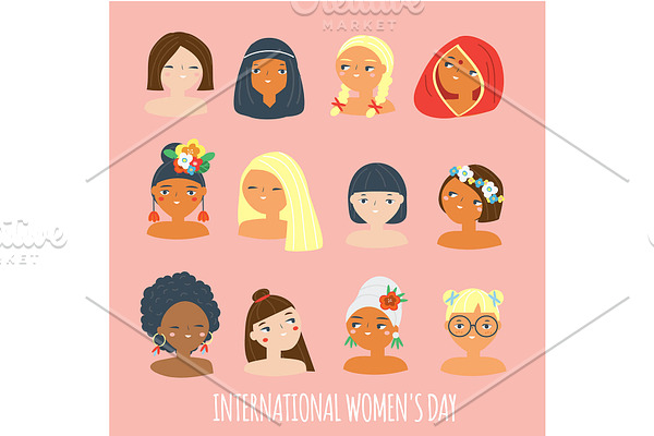 Women's day card with female faces