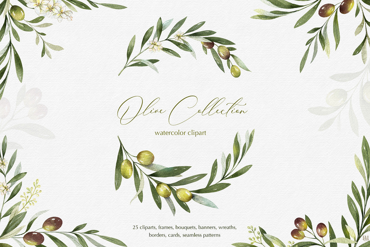 Olive watercolor collection in Illustrations - product preview 8