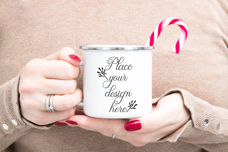 Woman holding Enamel mug mockup in Product Mockups - product preview 8