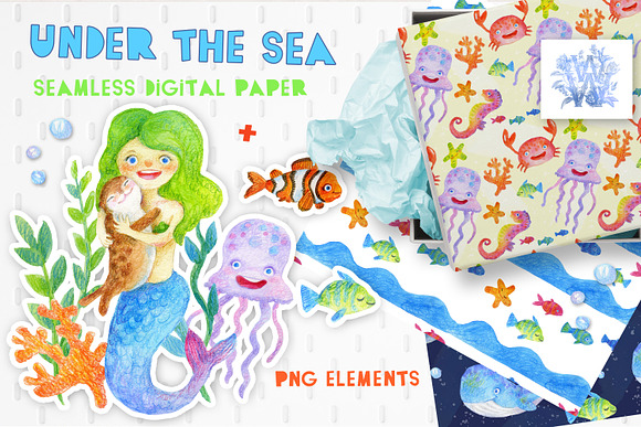 Watercolor sea digital paper in Patterns - product preview 6