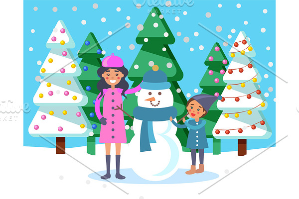 Mother with Kid and Snowman