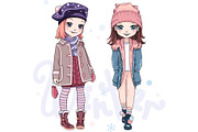 Vector SET girls in winter clothes