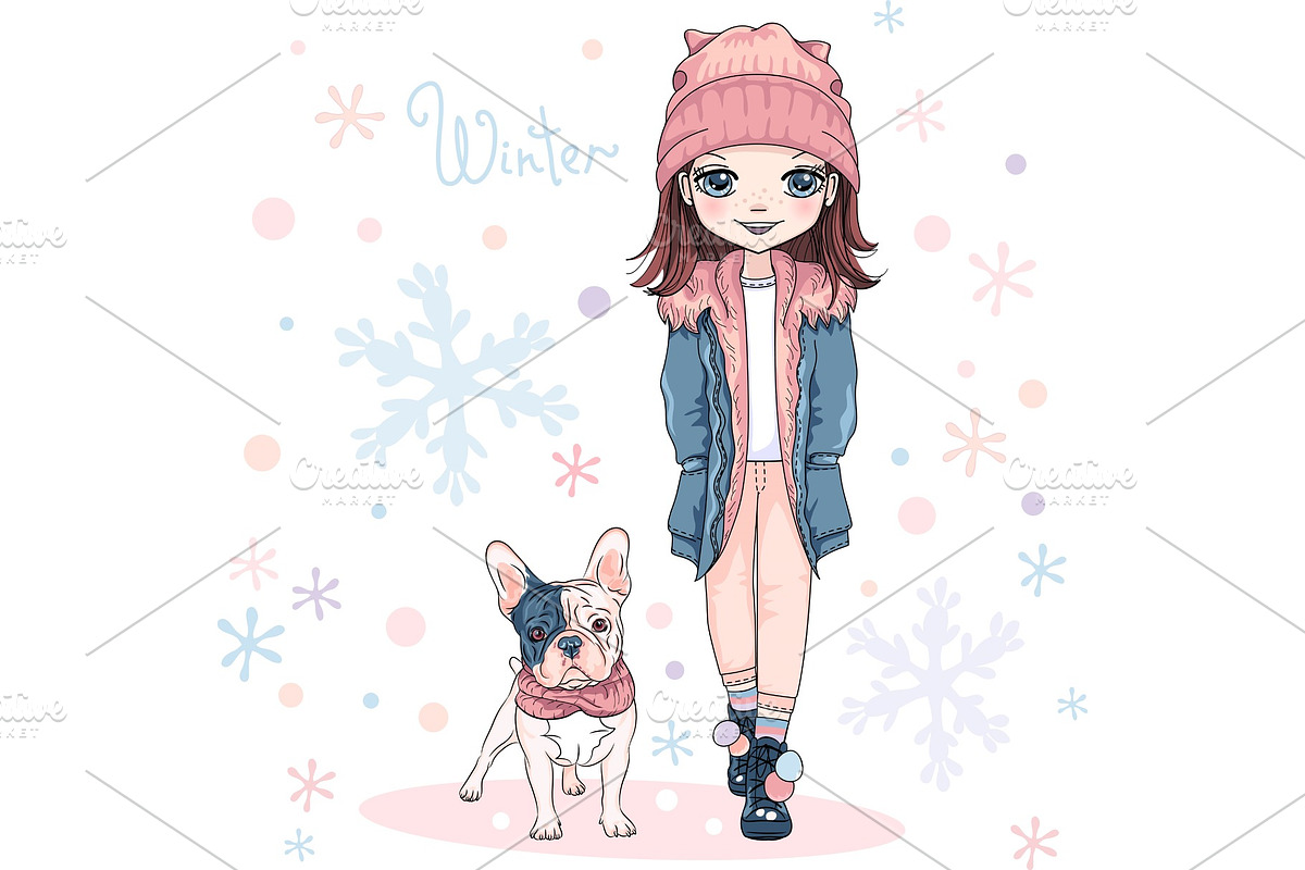 Vector cute girl with dog in Illustrations - product preview 8