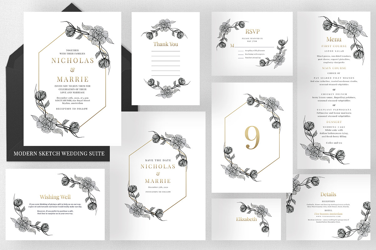 Modern Floral Wedding Invitation Set in Wedding Templates - product preview 8