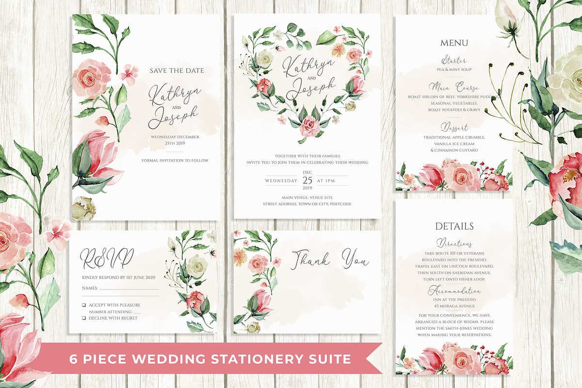 Watercolour roses wedding Suite in Wedding Templates - product preview 8