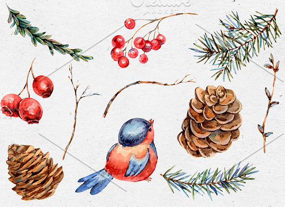 Vintage Christmas Watercolor Clipart in Illustrations - product preview 2