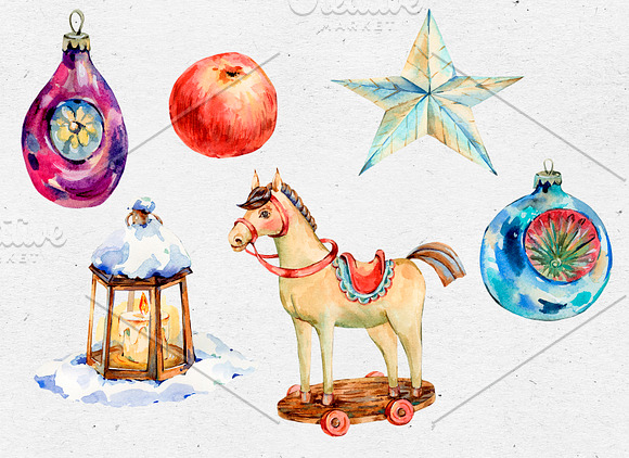 Vintage Christmas Watercolor Clipart in Illustrations - product preview 3