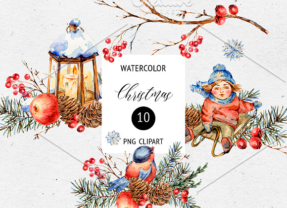 Vintage Christmas Watercolor Clipart in Illustrations - product preview 7