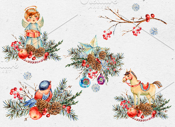 Vintage Christmas Watercolor Clipart in Illustrations - product preview 8