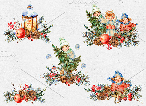 Vintage Christmas Watercolor Clipart in Illustrations - product preview 9