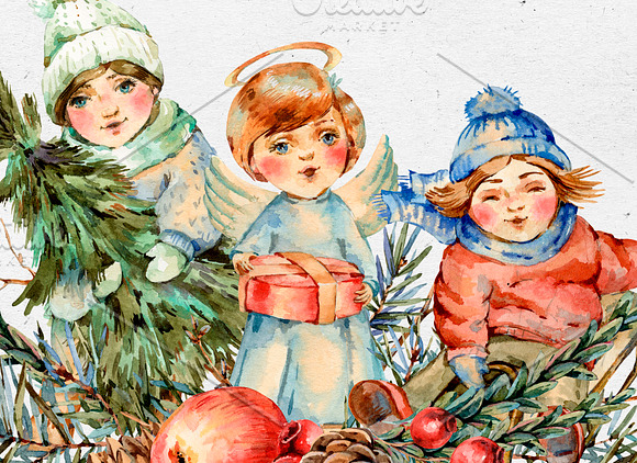 Vintage Christmas Watercolor Clipart in Illustrations - product preview 10