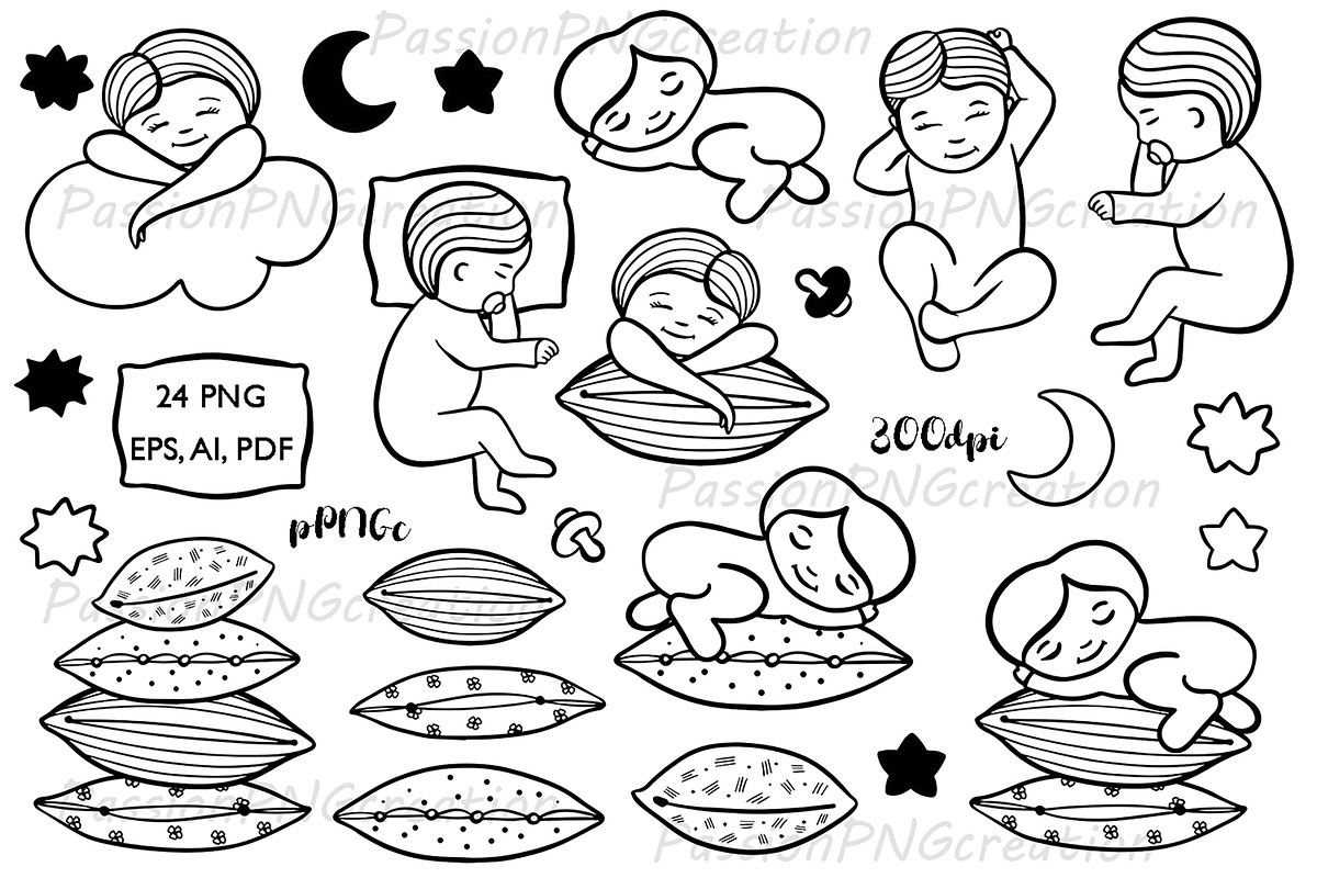 Doodle sleeping babies clipart in Illustrations - product preview 8