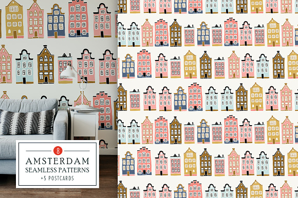 8 Amsterdam houses patterns, 5 cards in Patterns - product preview 1