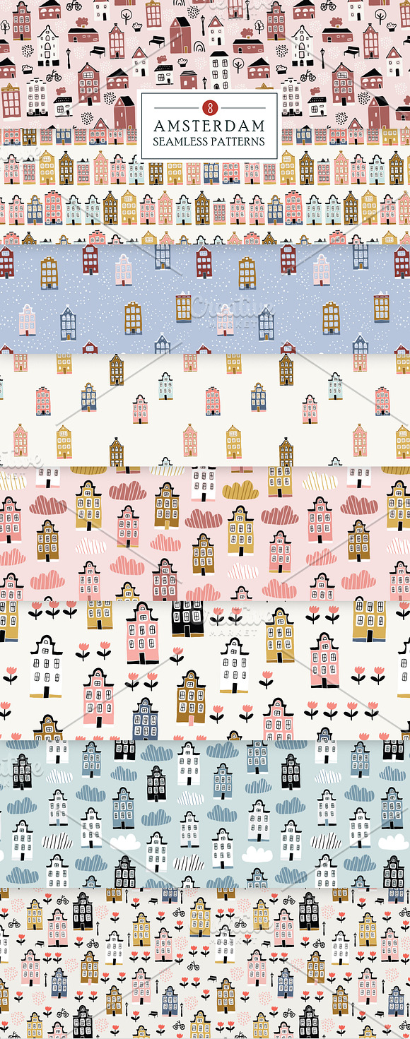 8 Amsterdam houses patterns, 5 cards in Patterns - product preview 5