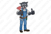 Wolf Plumber Cartoon Mascot Holding