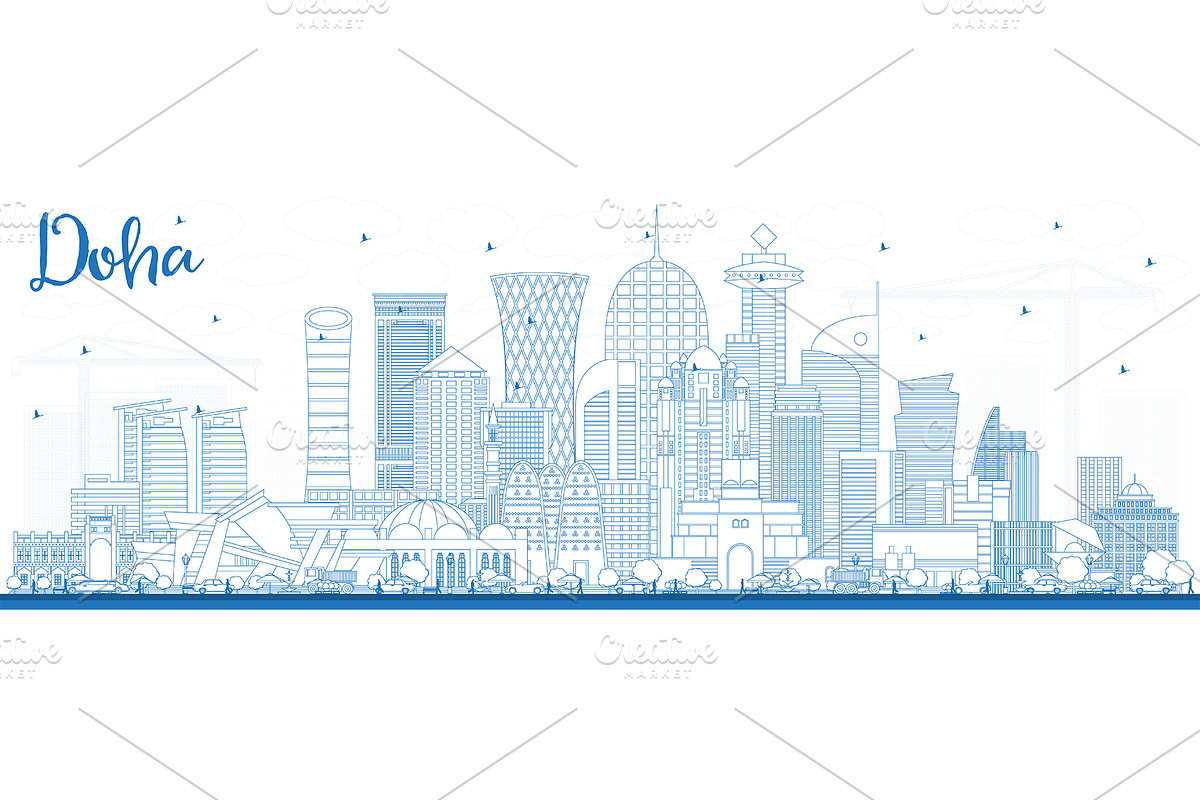 Outline Doha Qatar City Skyline in Illustrations - product preview 8