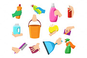 Hands with cleaning equipment