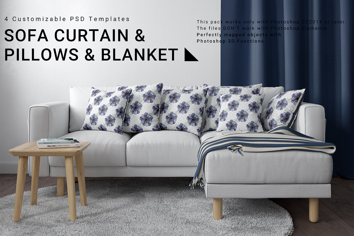 Sofa, Curtain, Pillows & Blanket Set in Product Mockups - product preview 8