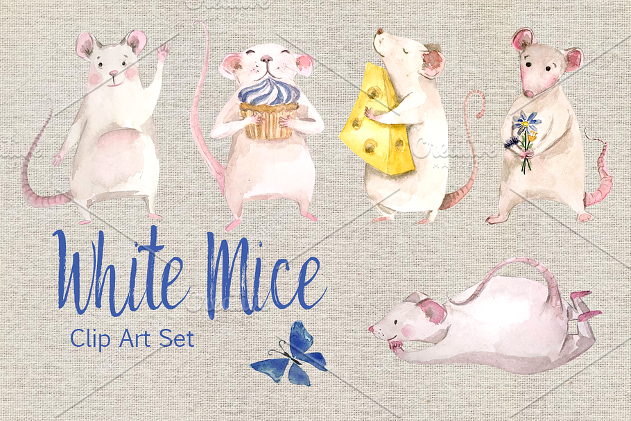 Watercolor White Mice Clip Art Set