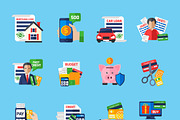 Loan debt flat color icons set