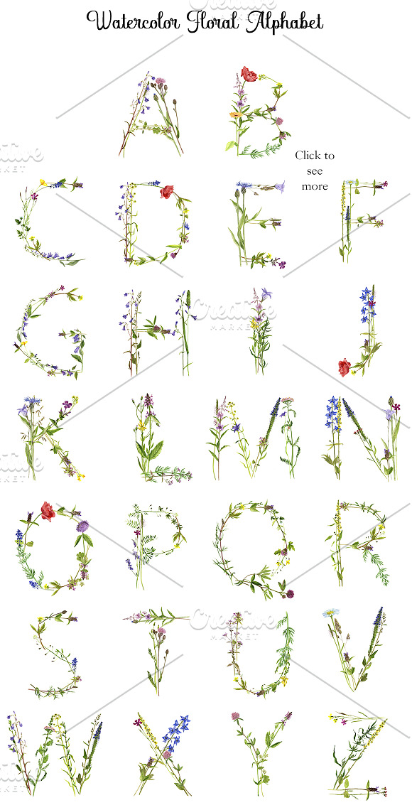 Watercolor floral alphabet in Illustrations - product preview 1