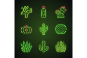 Wild cactuses neon light icons set