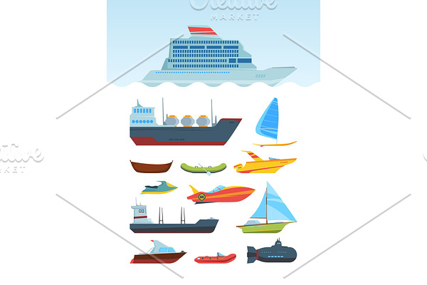 Modern sea ships and boats flat