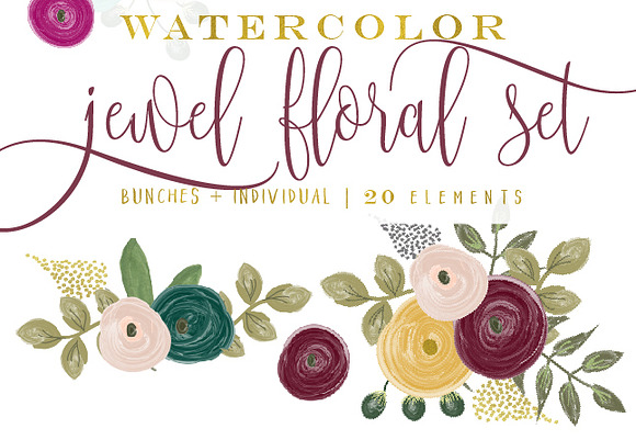 Jewel tone watercolor floral clipart in Illustrations - product preview 1