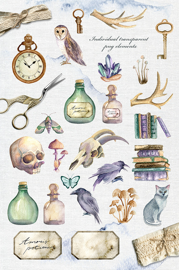Whimsical vintage. Watercolor set in Objects - product preview 8
