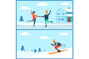 Skating Couple and Skier Set Vector
