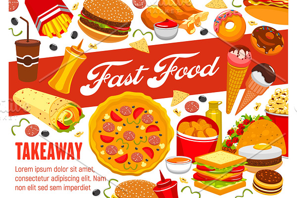 Fast food snacks, pizza