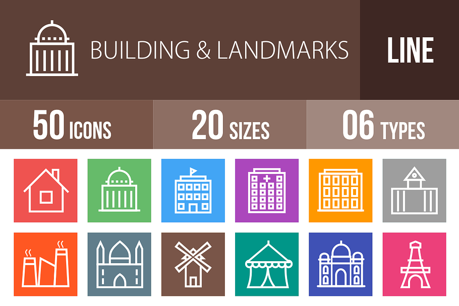 50 Buildings Line Multicolor Icons