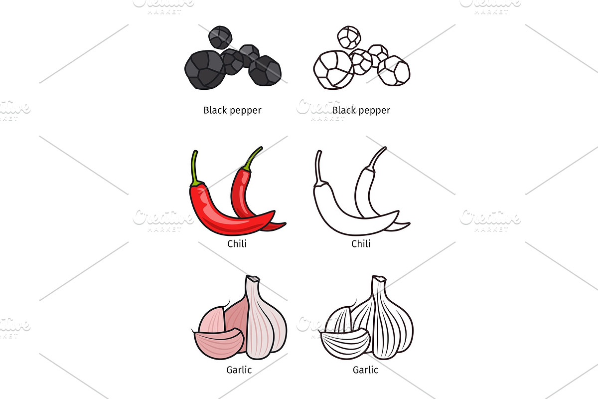 Black pepper, chili and garlic in Illustrations - product preview 8