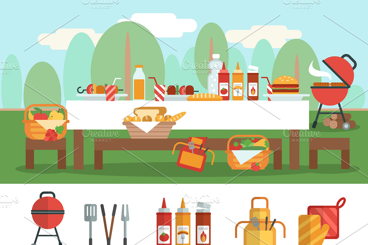BBQ party horizontal banner set in Illustrations - product preview 8