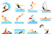Flat icons set of water sports