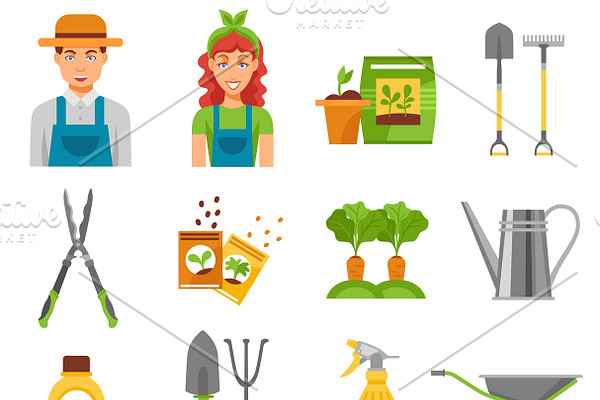 Farmers gardening tools icons set