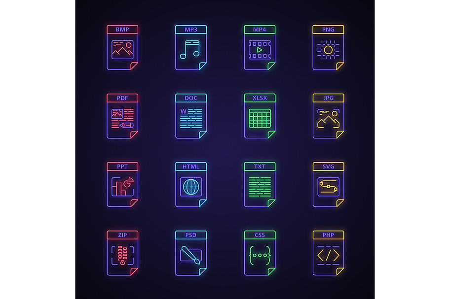 Files format neon light icons set in Icons - product preview 8