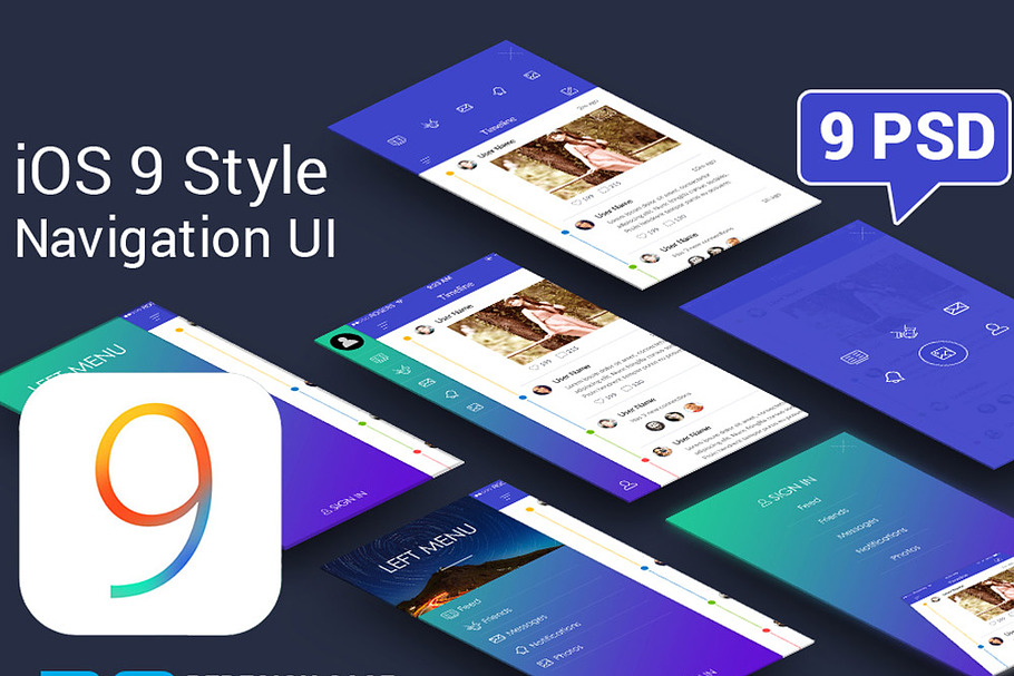 Flat iOS9 Style 9 Sidemenu  Screens in UI Kits and Libraries - product preview 8