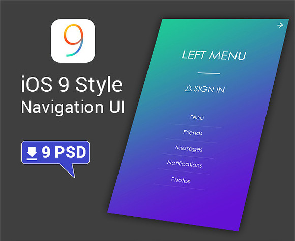 Flat iOS9 Style 9 Sidemenu  Screens in UI Kits and Libraries - product preview 1
