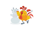 Rooster with Snowman Flat Vector