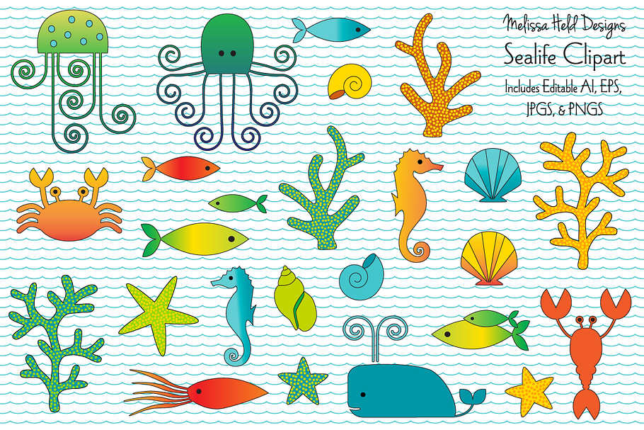 Sealife Clipart & Wave Pattern in Illustrations - product preview 8