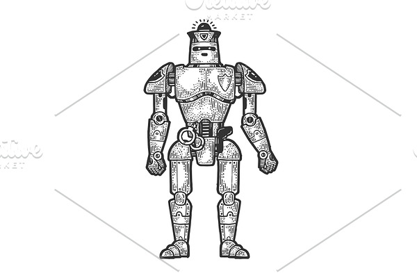 Robot cop sketch engraving vector